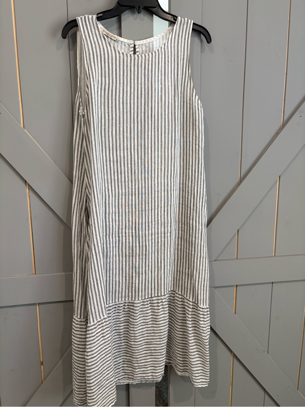 Made in Italy. Sleeveless Striped Midi Dress in Light Gray and White..Linen